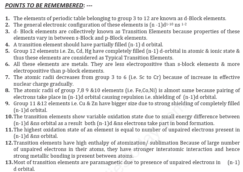 Cbse Class Chemistry The D And F Block Elements Notes And Questions